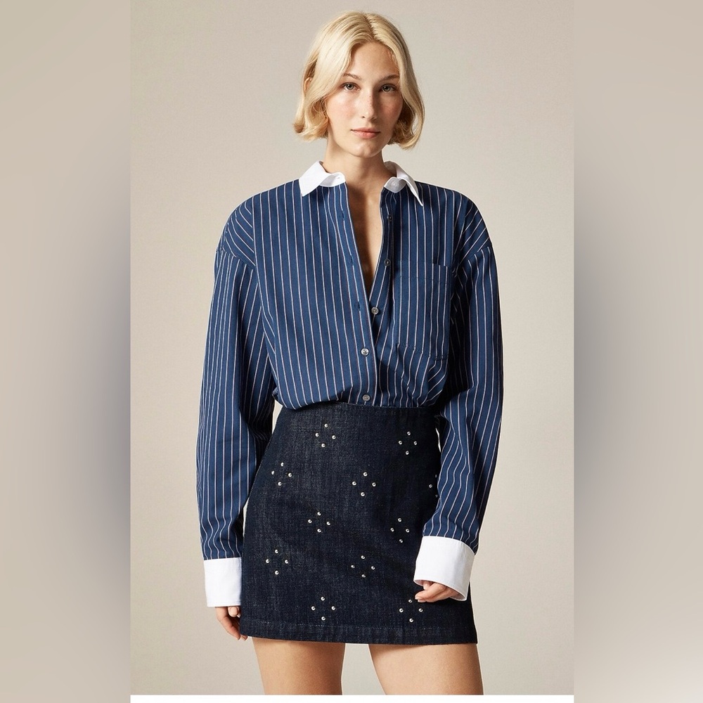 NWT J. Crew Dark Blue Denim Mini Skirt with White Stud Detail